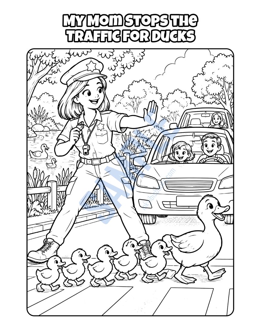 Coloring page from My Mom Is a Police Officer: "My Mom Stops the Traffic for Ducks"