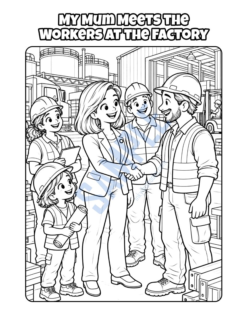 Colouring page from My Mum Is a Politician: "My Mum Meets the Workers at the Factory"