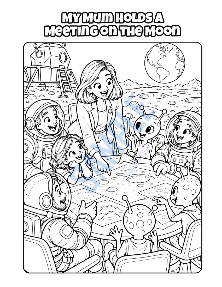 Colouring page from My Mum Is a Politician: "My Mum Holds a Meeting on the Moon"