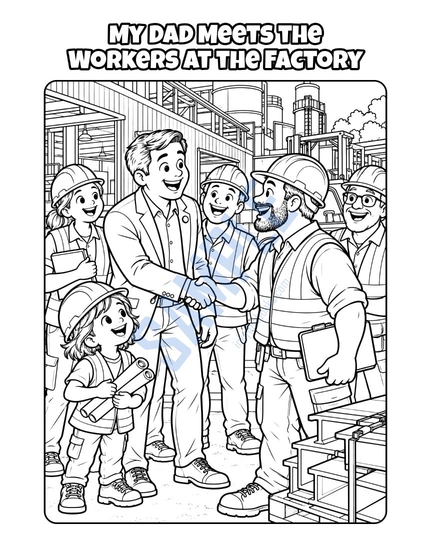 Coloring page from My Dad Is a Politician: "My Dad Meets the Workers at the Factory"