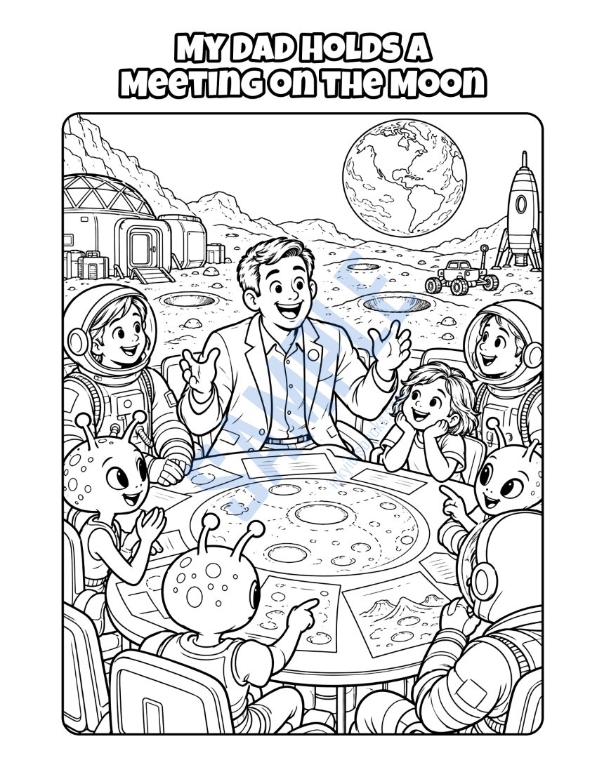 Coloring page from My Dad Is a Politician: "My Dad Holds a Meeting on the Moon"