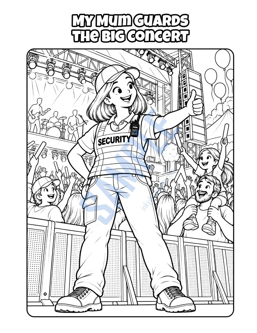 Colouring page from My Mum Is a Security Guard: "My Mum Guards the Big Concert"