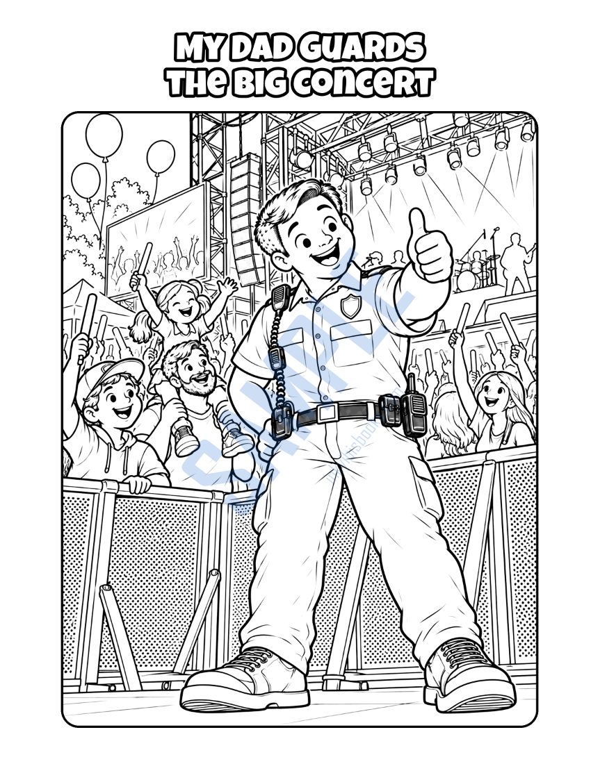 Coloring page from My Dad Is a Security Guard: "My Dad Guards the Big Concert"