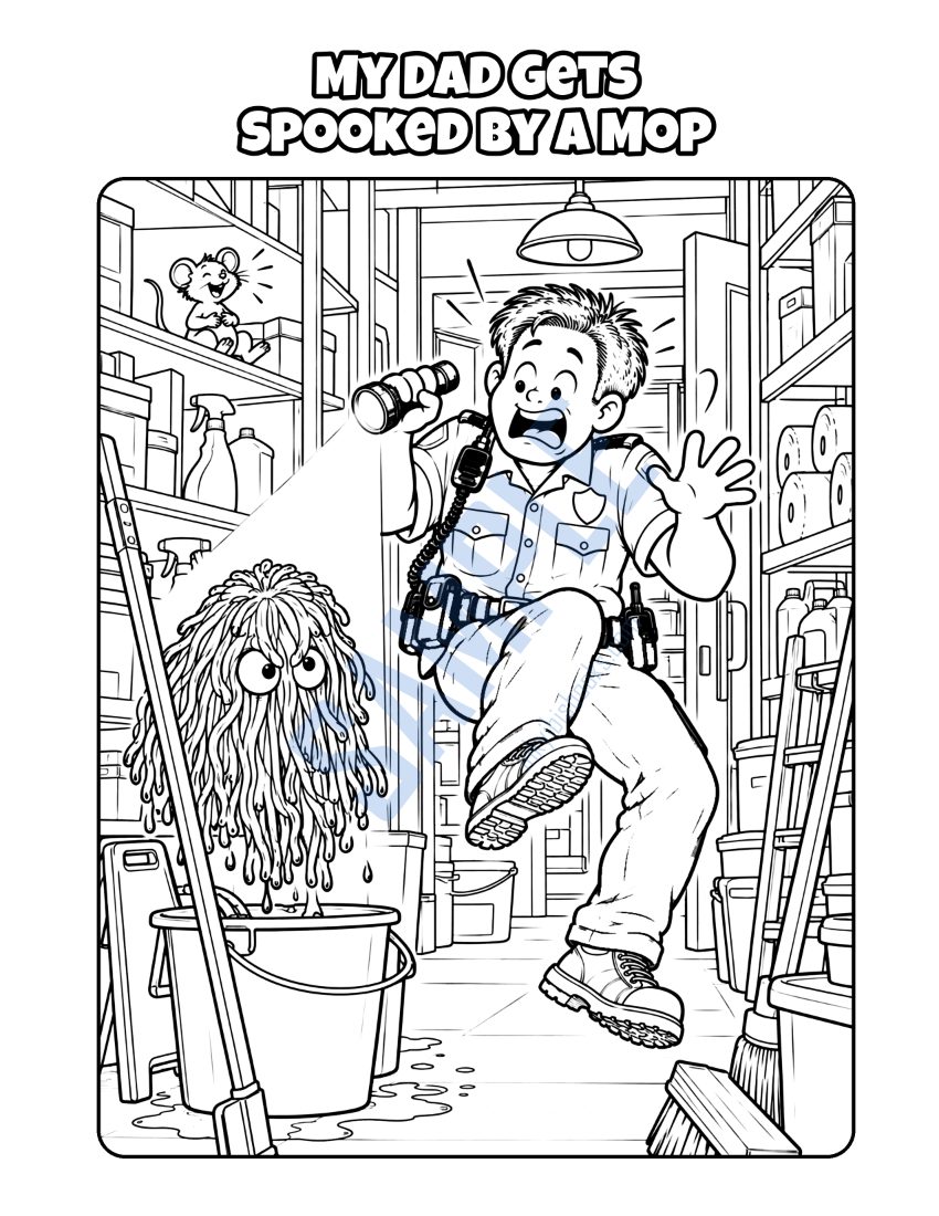Coloring page from My Dad Is a Security Guard: "My Dad Gets Spooked by a Mop"