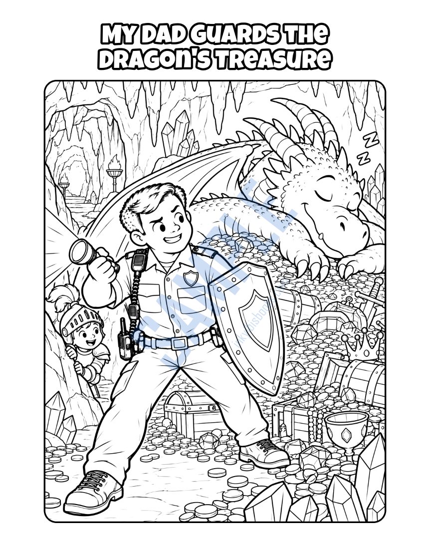 Coloring page from My Dad Is a Security Guard: "My Dad Guards the Dragon's Treasure"