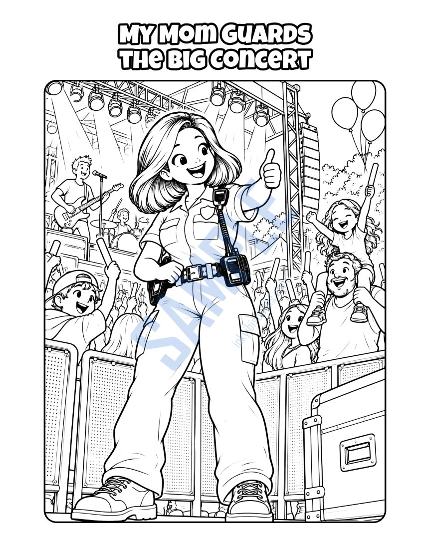 Coloring page from My Mom Is a Security Guard: "My Mom Guards the Big Concert"