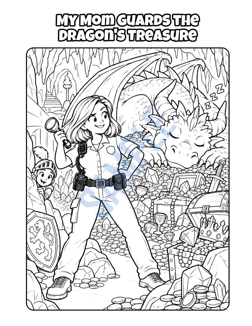 Coloring page from My Mom Is a Security Guard: "My Mom Guards the Dragon's Treasure"