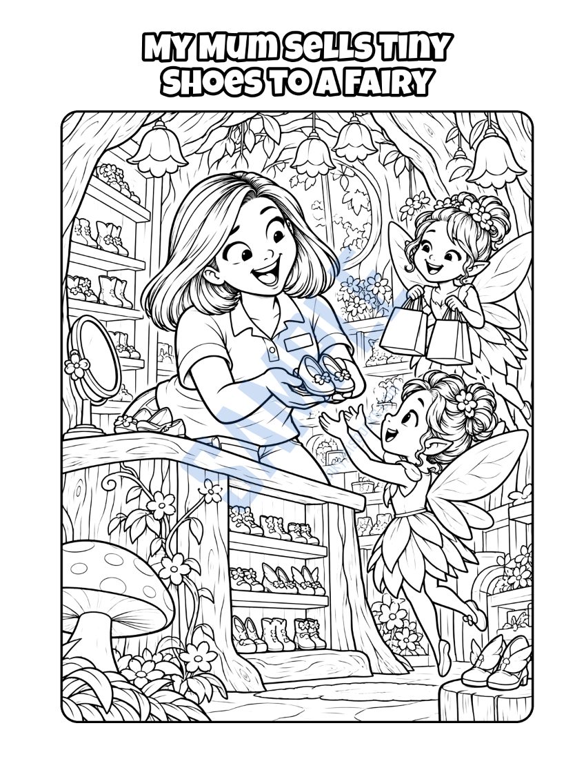 Colouring page from My Mum Works in a Shop: "My Mum Sells Tiny Shoes to a Fairy"