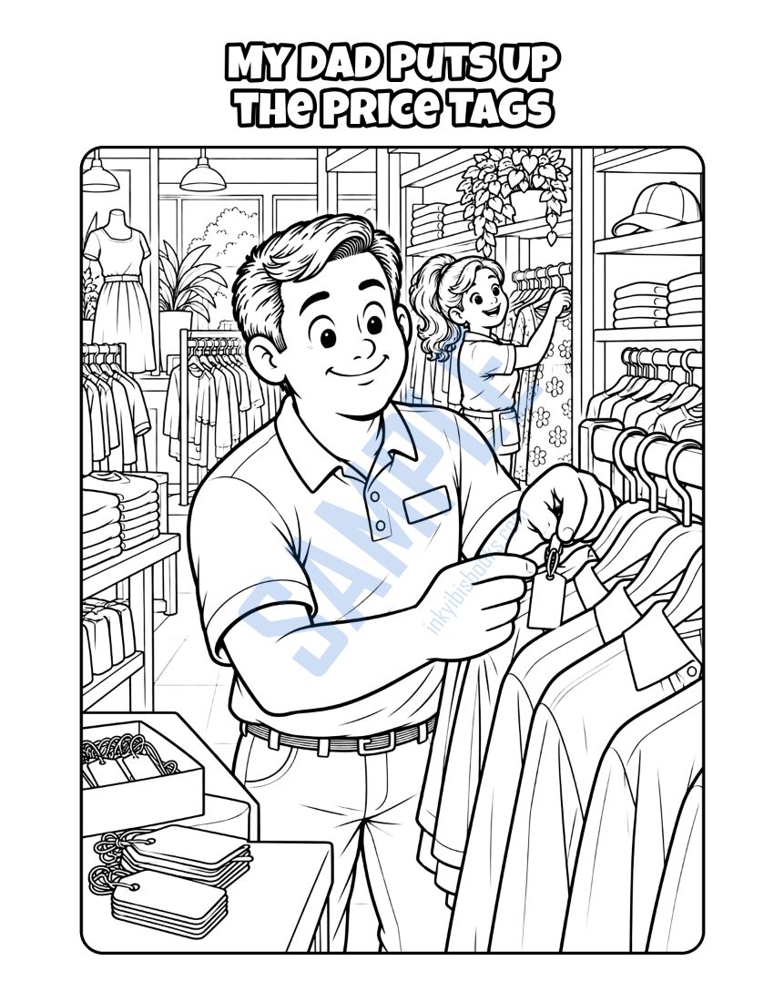 Coloring page from My Dad Works at the Store: "My Dad Puts Up the Price Tags"
