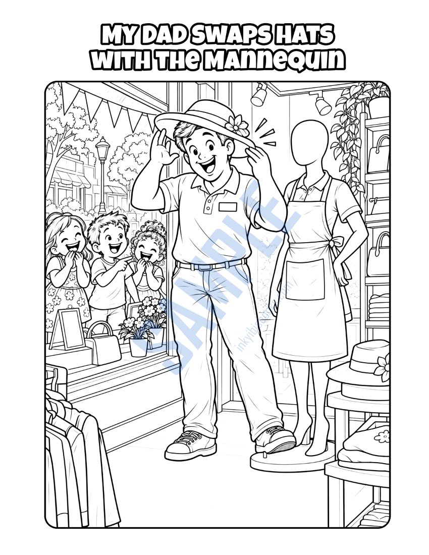 Coloring page from My Dad Works at the Store: "My Dad Swaps Hats with the Mannequin"