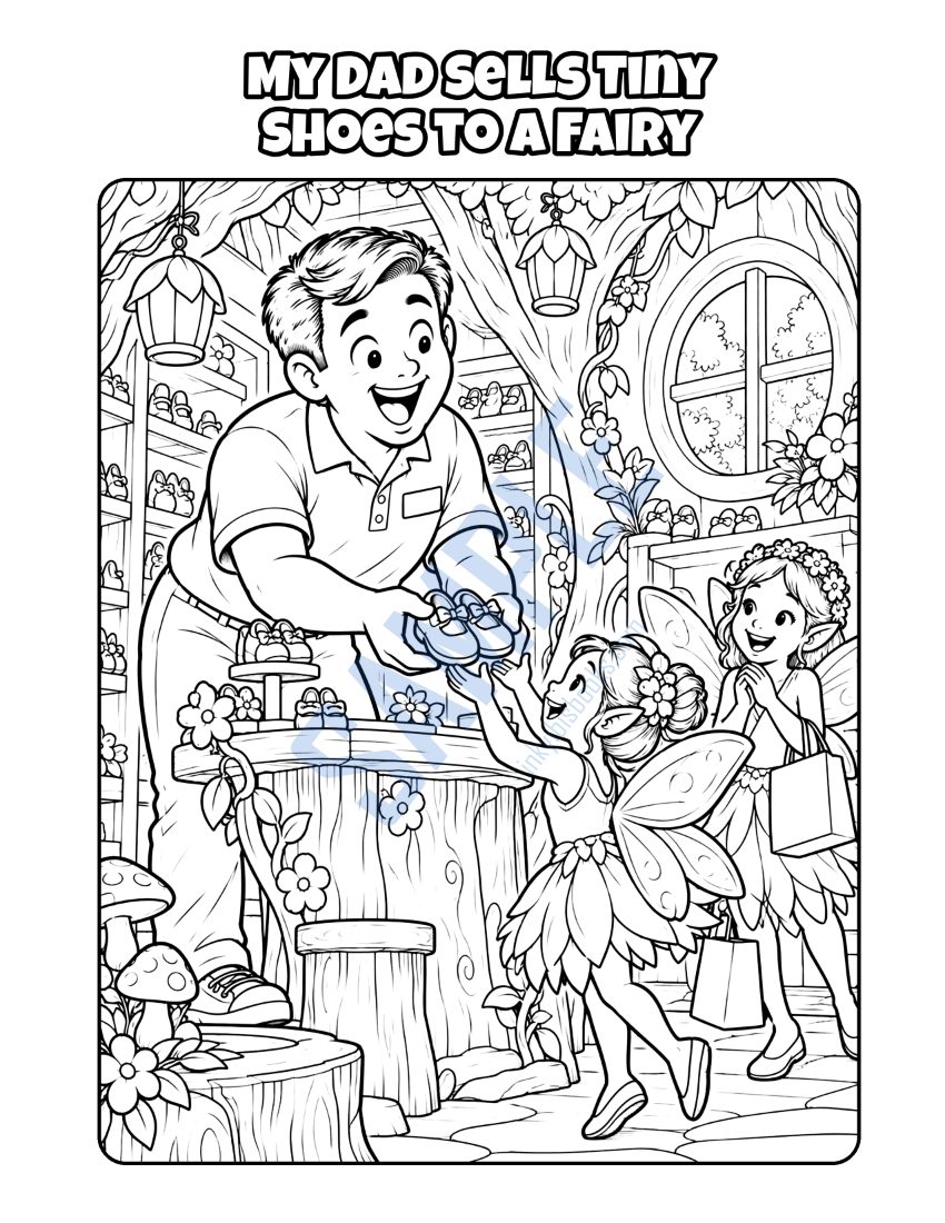 Coloring page from My Dad Works at the Store: "My Dad Sells Tiny Shoes to a Fairy"