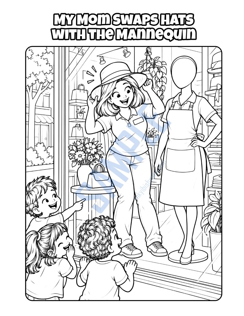 Coloring page from My Mom Works at the Store: "My Mom Swaps Hats with the Mannequin"