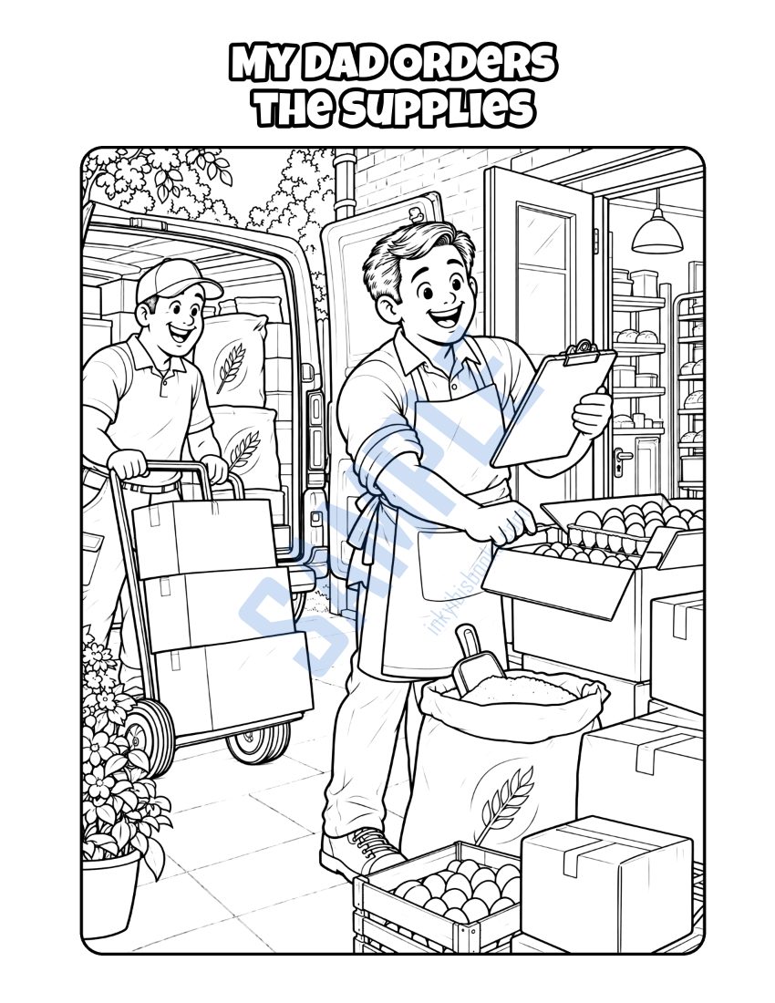 Coloring page from My Dad Owns a Bakery: "My Dad Orders the Supplies"