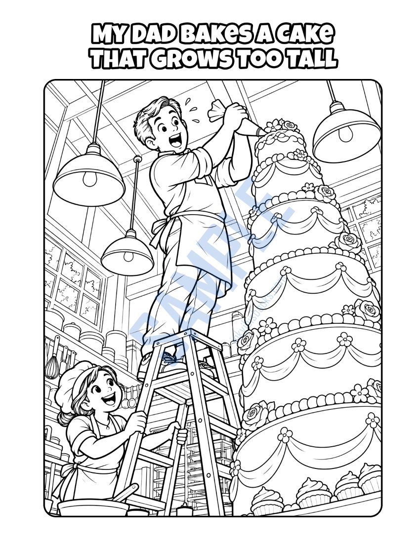 Coloring page from My Dad Owns a Bakery: "My Dad Bakes a Cake That Grows Too Tall"