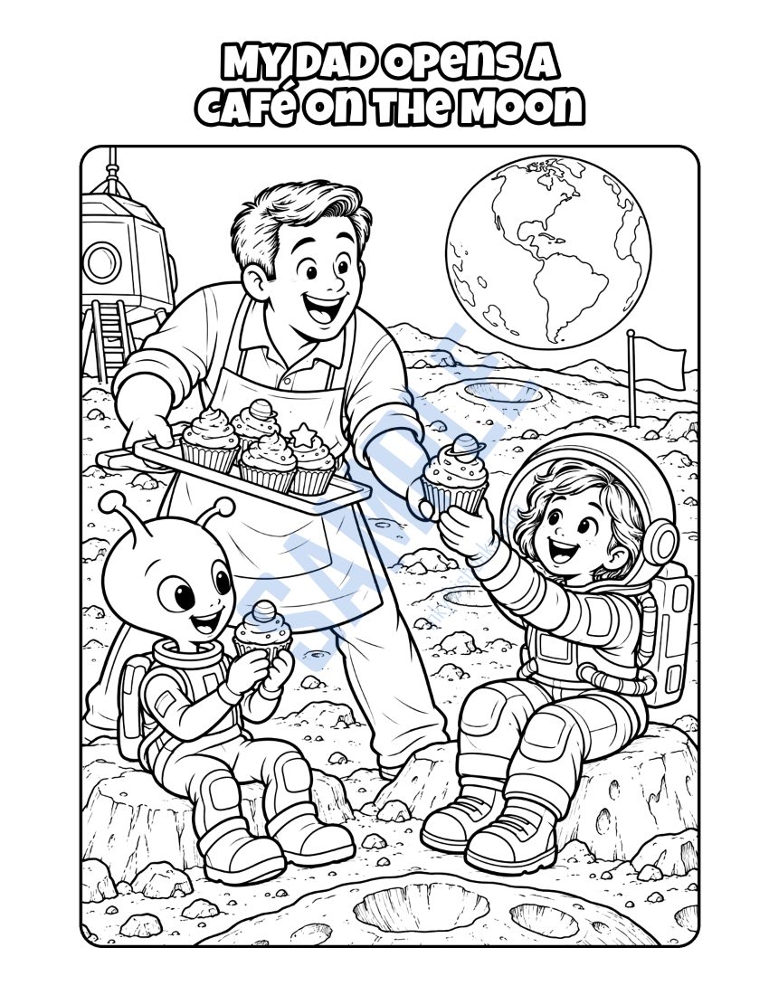 Coloring page from My Dad Owns a Bakery: "My Dad Opens a Café on the Moon"
