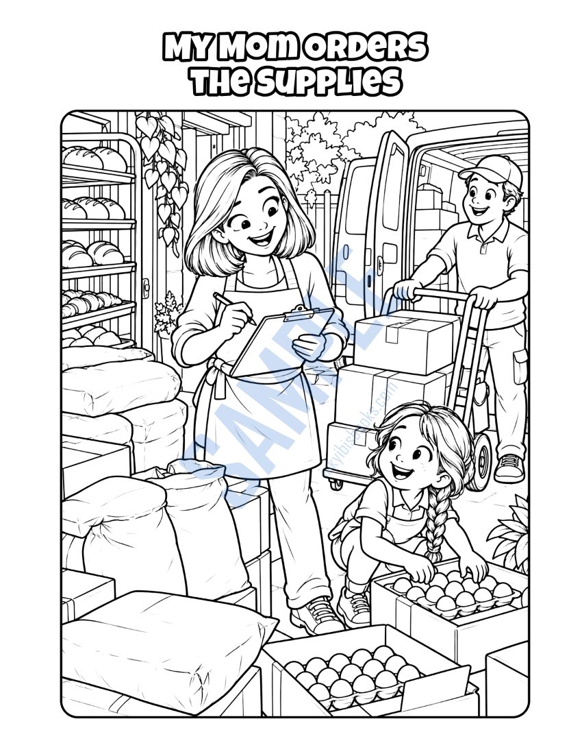 Coloring page from My Mom Owns a Bakery: "My Mom Orders the Supplies"