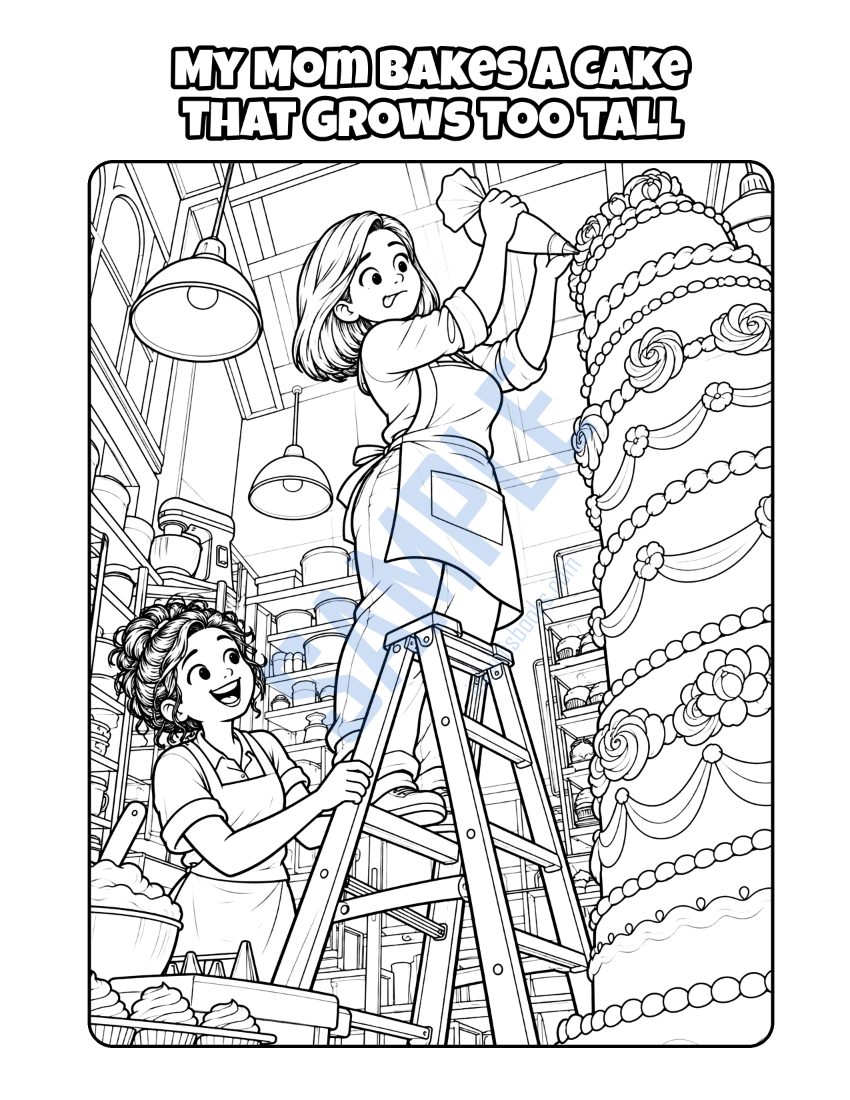 Coloring page from My Mom Owns a Bakery: "My Mom Bakes a Cake That Grows Too Tall"