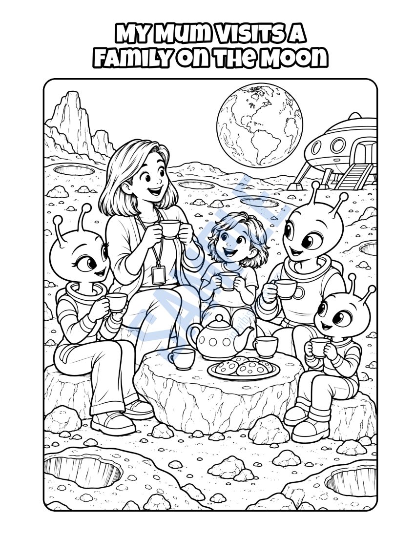 Colouring page from My Mum Is a Social Worker: "My Mum Visits a Family on the Moon"
