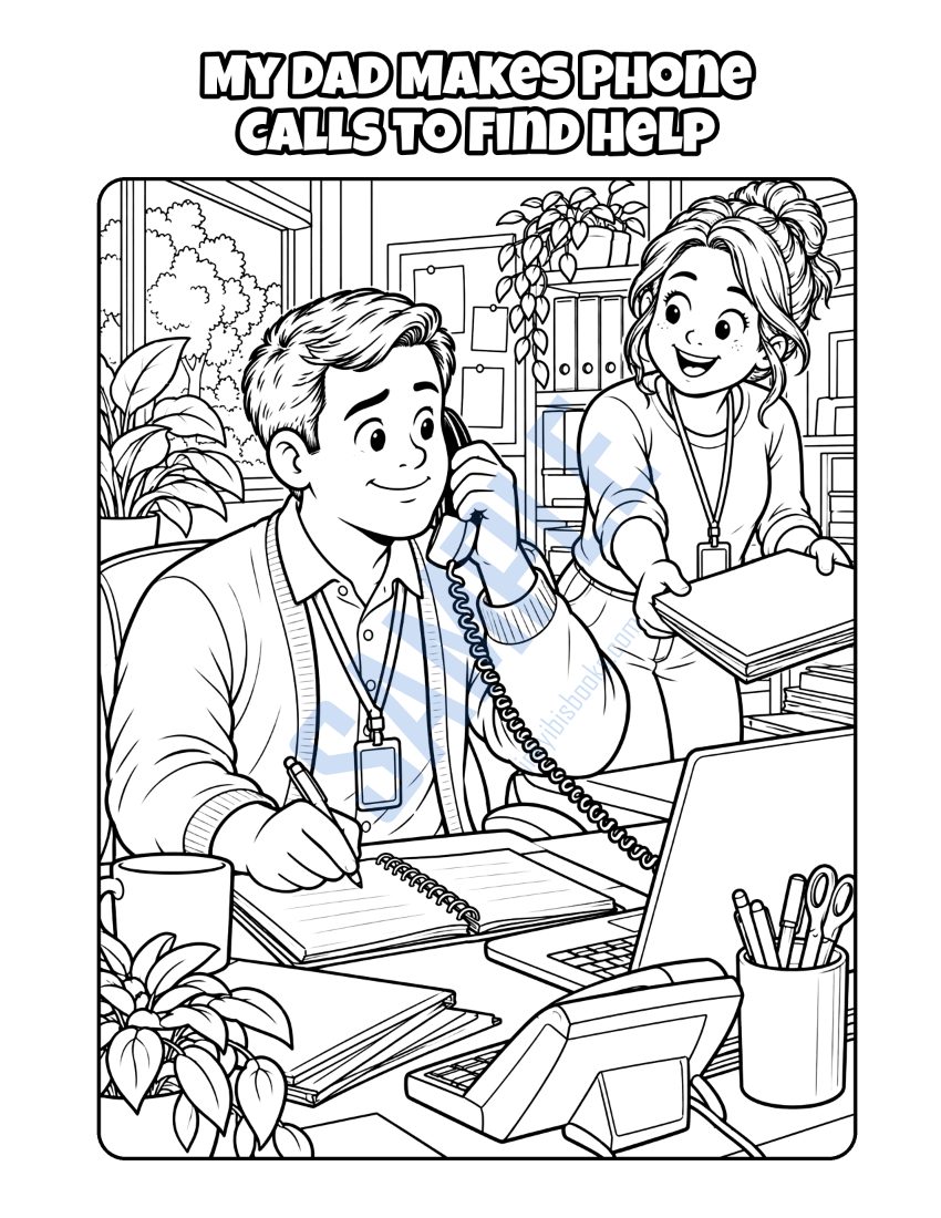 Coloring page from My Dad Is a Social Worker: "My Dad Makes Phone Calls to Find Help"