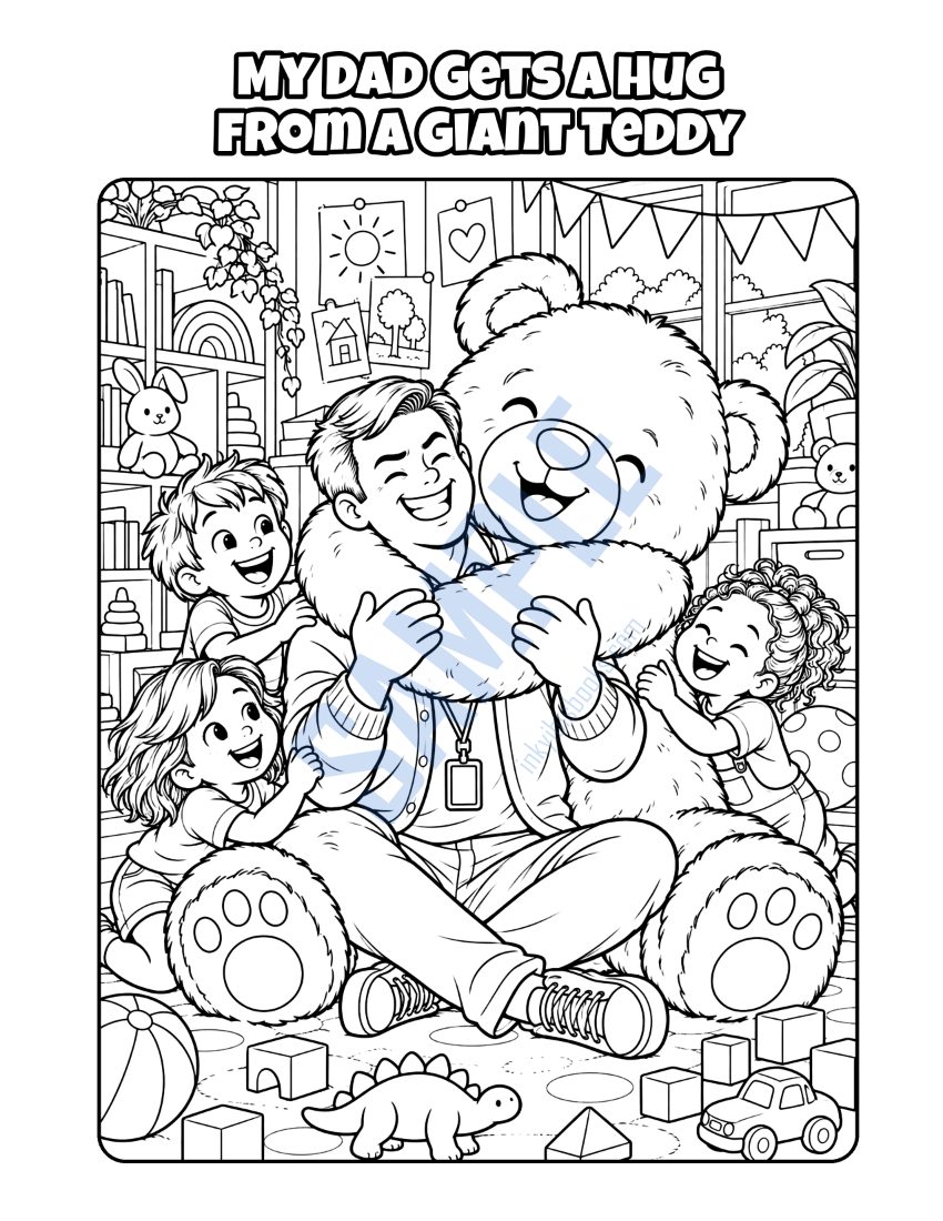 Coloring page from My Dad Is a Social Worker: "My Dad Gets a Hug from a Giant Teddy"