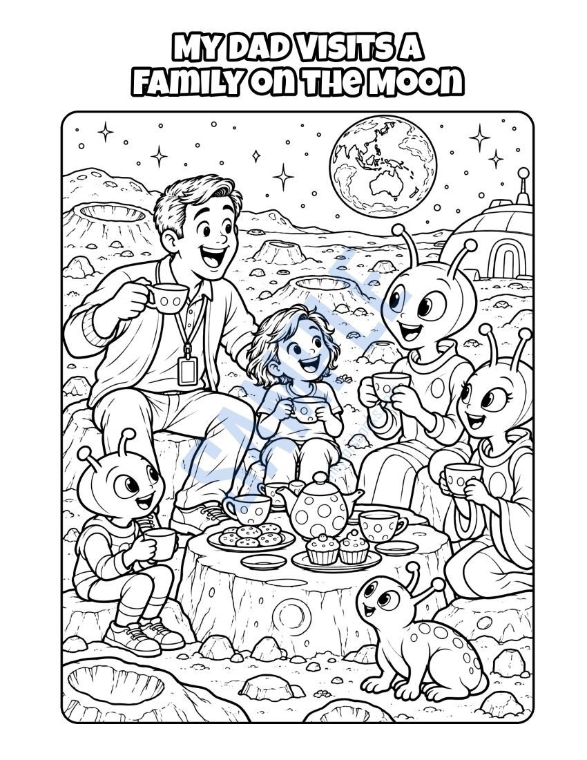 Coloring page from My Dad Is a Social Worker: "My Dad Visits a Family on the Moon"