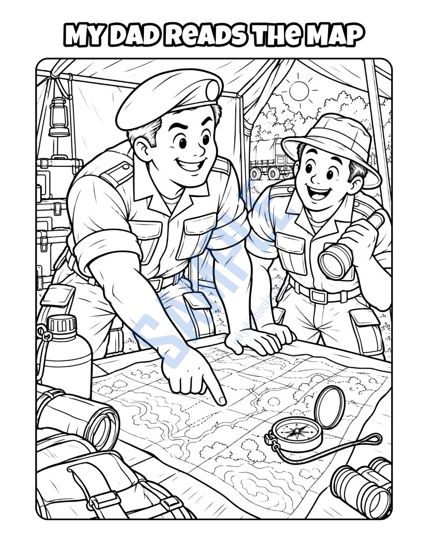 Colouring page from My Dad Is in the Army: "My Dad Reads the Map"