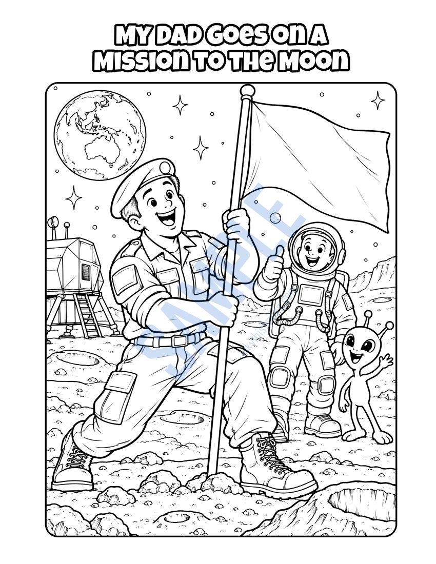 Colouring page from My Dad Is in the Army: "My Dad Goes on a Mission to the Moon"