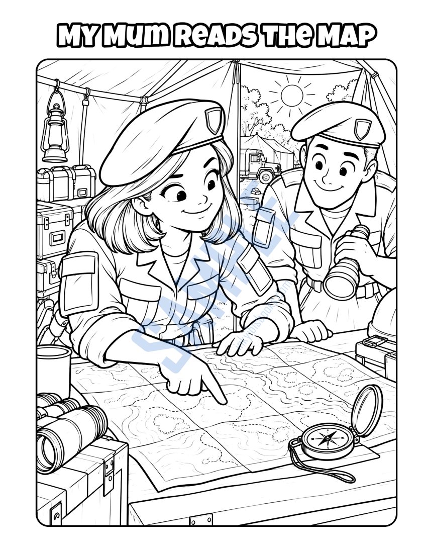 Colouring page from My Mum Is in the Army: "My Mum Reads the Map"