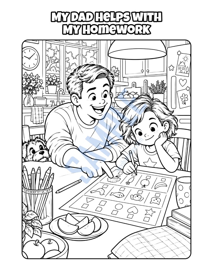 Coloring page from My Dad Is a Stay-at-Home Dad: "My Dad Helps with My Homework"