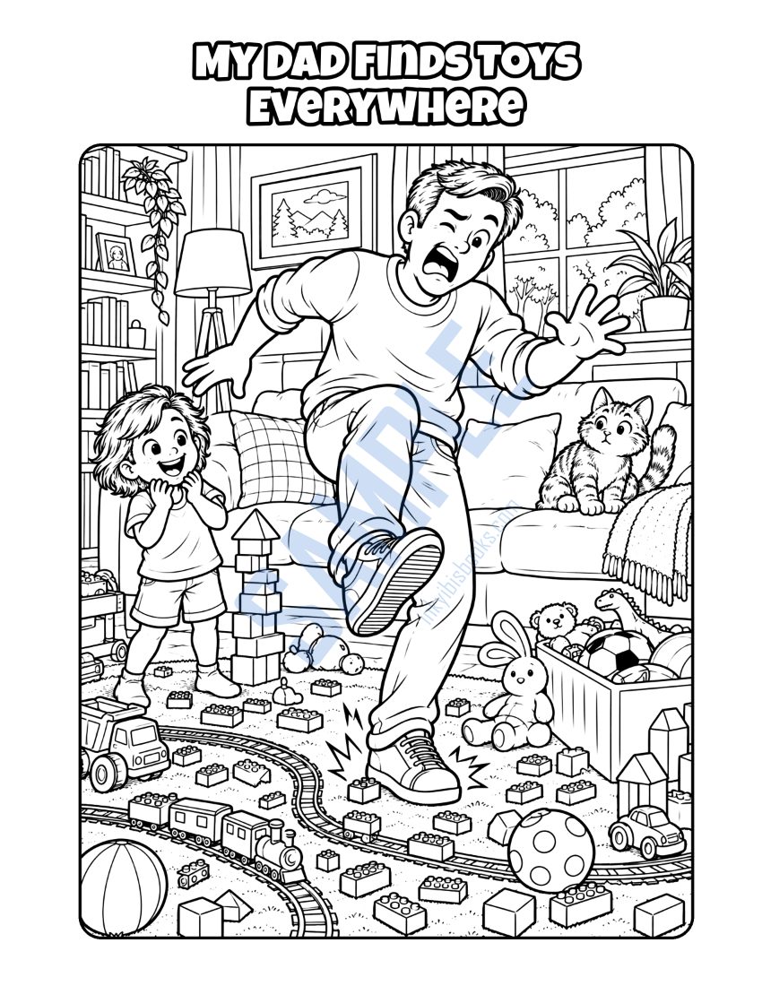 Coloring page from My Dad Is a Stay-at-Home Dad: "My Dad Finds Toys Everywhere"