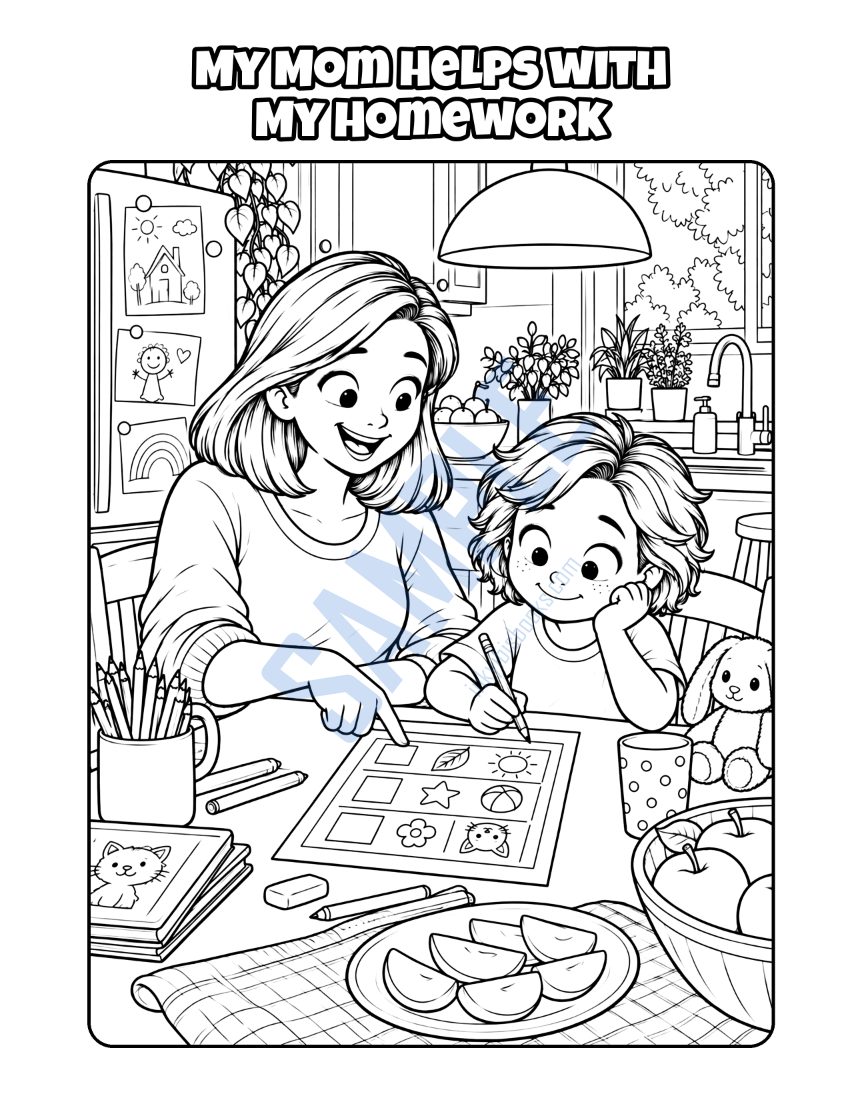 Coloring page from My Mom Is a Stay-at-Home Mom: "My Mom Helps with My Homework"