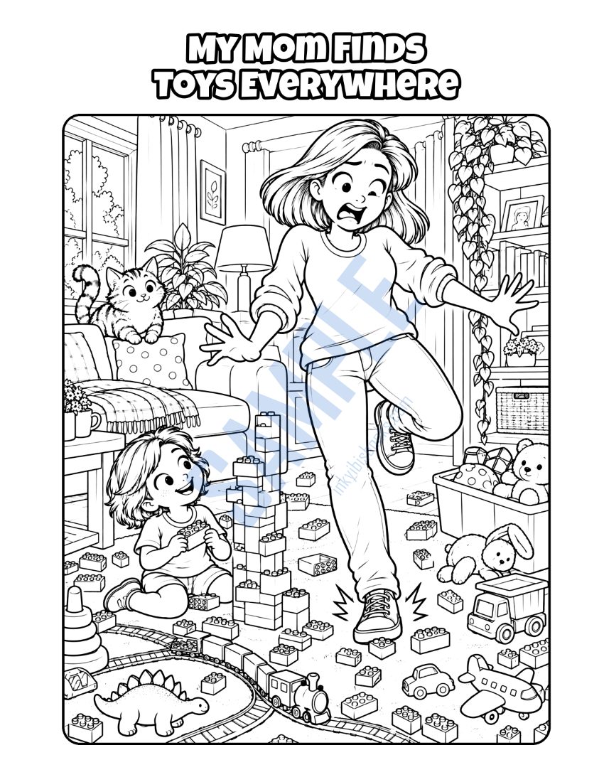 Coloring page from My Mom Is a Stay-at-Home Mom: "My Mom Finds Toys Everywhere"