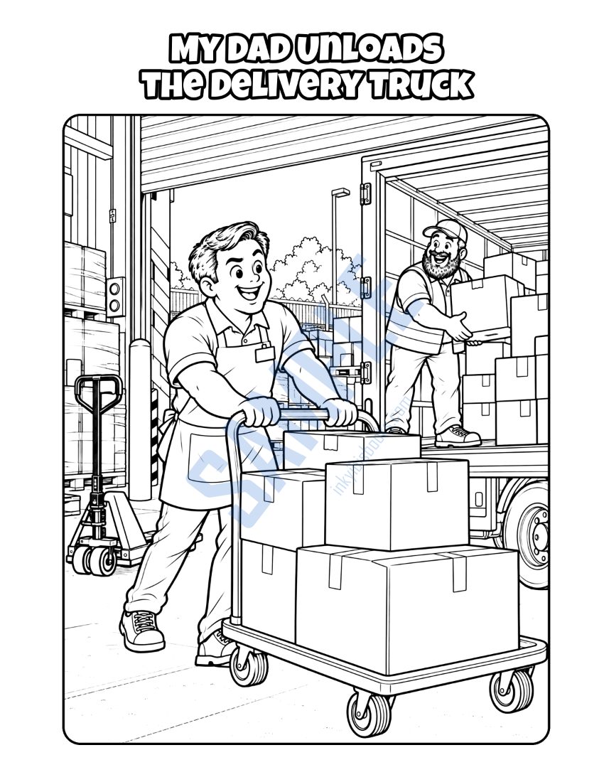 Coloring page from My Dad Works at the Grocery Store: "My Dad Unloads the Delivery Truck"