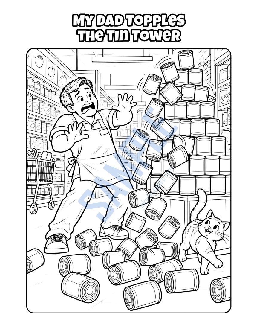 Coloring page from My Dad Works at the Grocery Store: "My Dad Topples the Tin Tower"