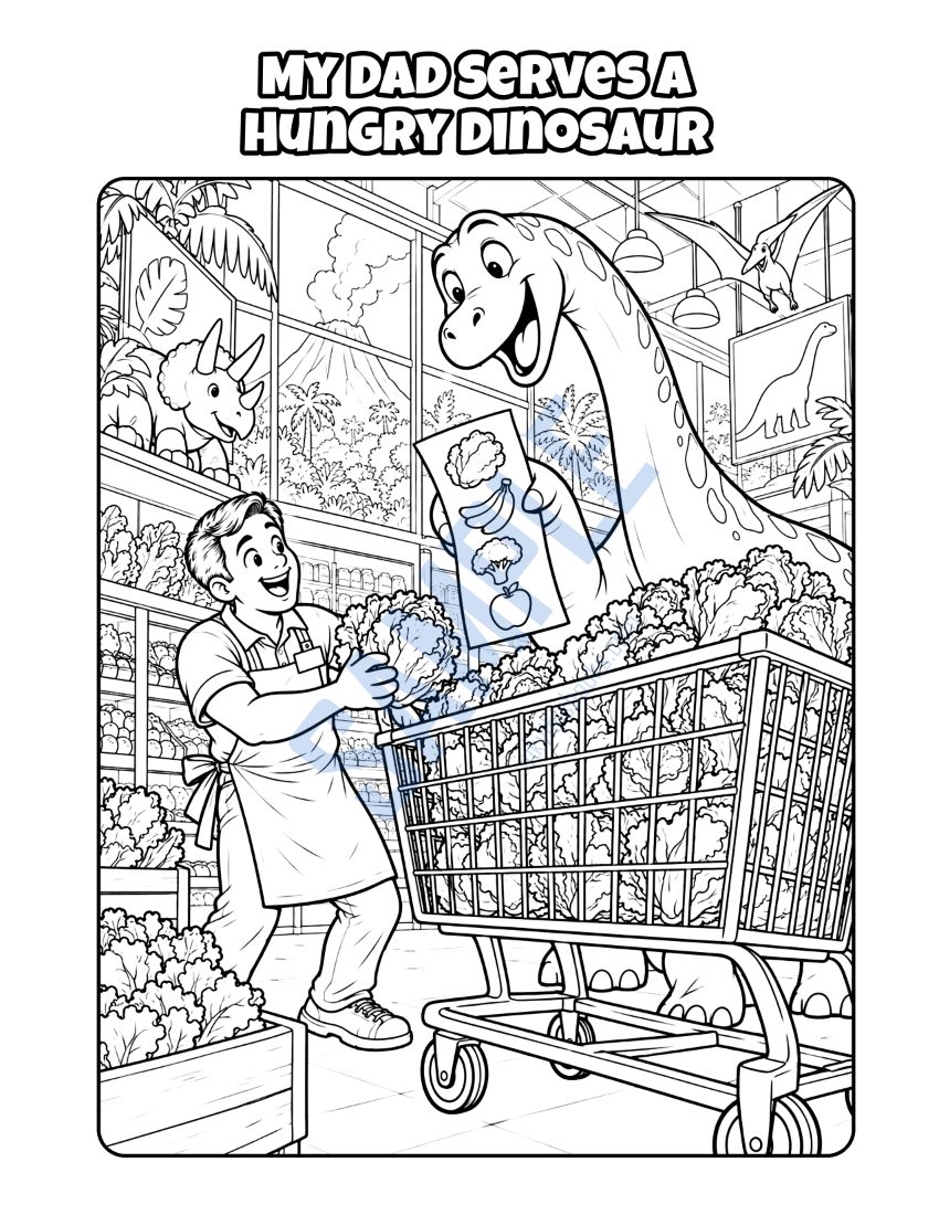 Coloring page from My Dad Works at the Grocery Store: "My Dad Serves a Hungry Dinosaur"