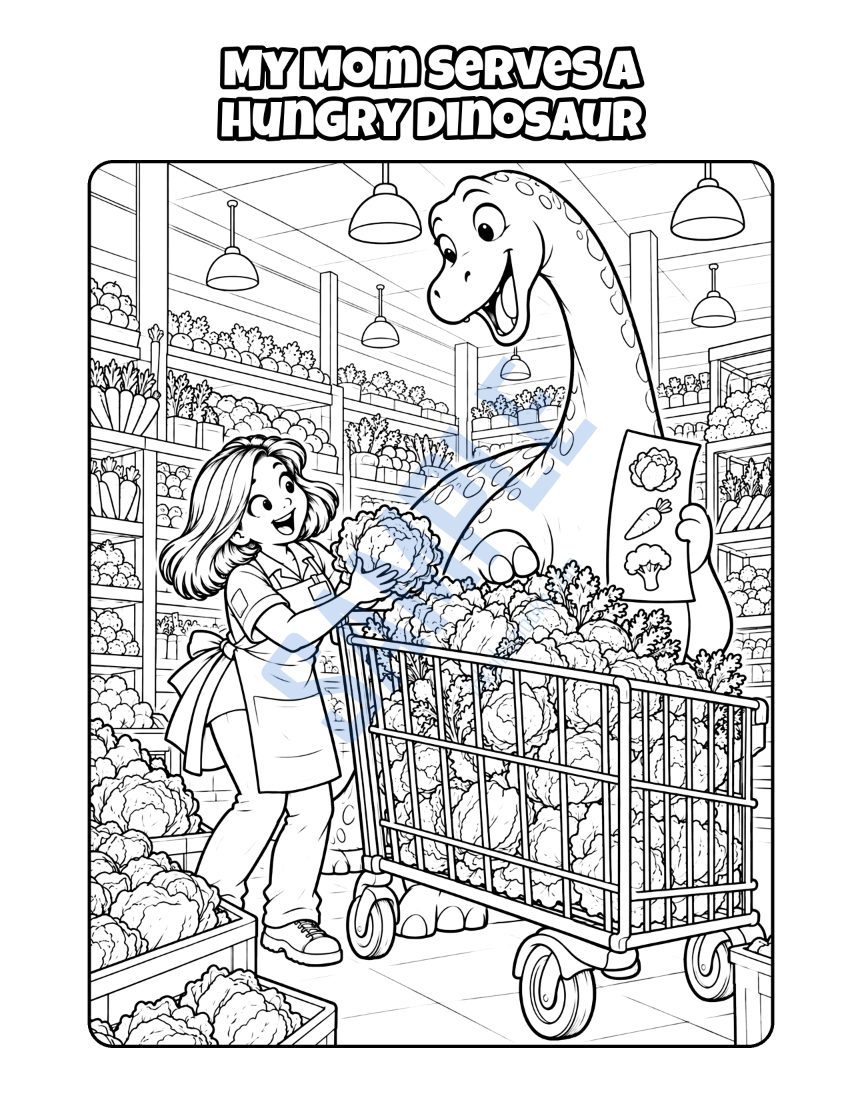 Coloring page from My Mom Works at the Grocery Store: "My Mom Serves a Hungry Dinosaur"