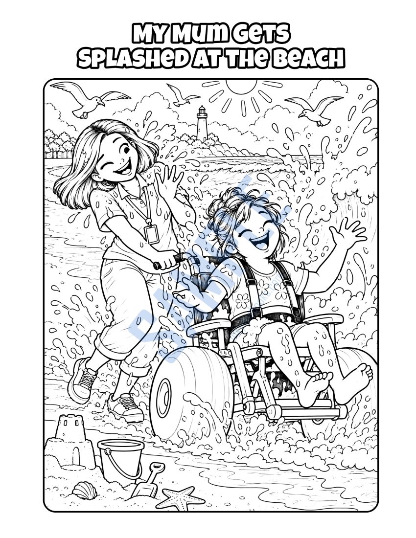 Colouring page from My Mum Is a Support Worker: "My Mum Gets Splashed at the Beach"