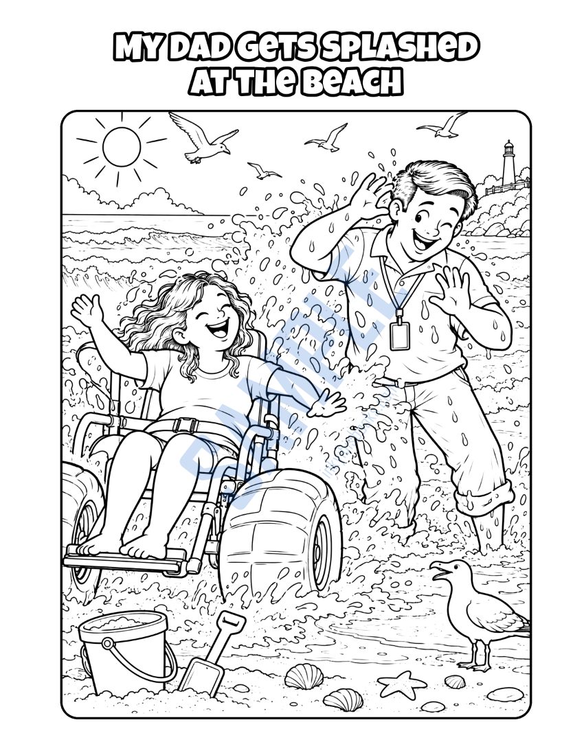 Coloring page from My Dad Is a Support Worker: "My Dad Gets Splashed at the Beach"
