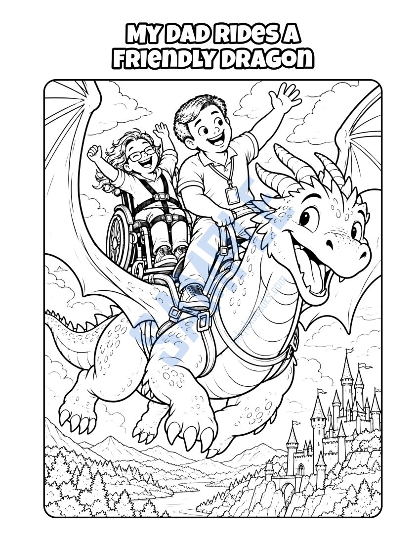 Coloring page from My Dad Is a Support Worker: "My Dad Rides a Friendly Dragon"