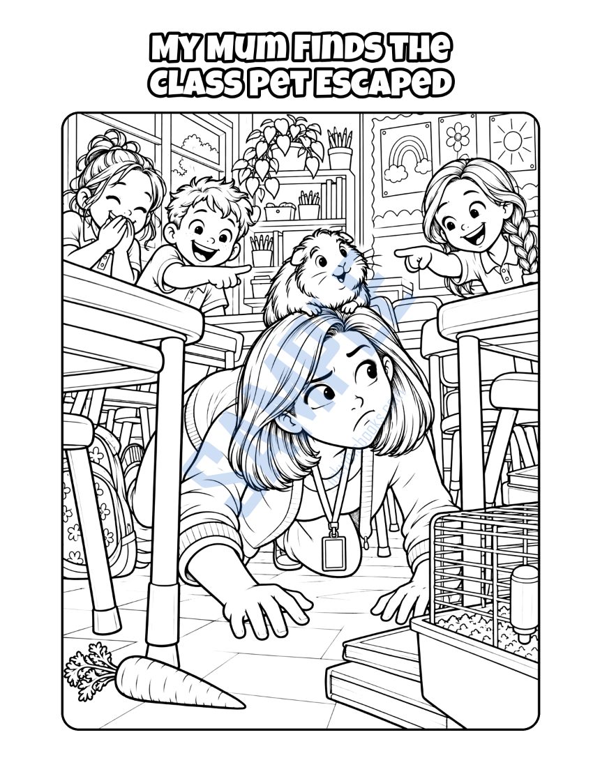 Colouring page from My Mum Is a Teacher: "My Mum Finds the Class Pet Escaped"