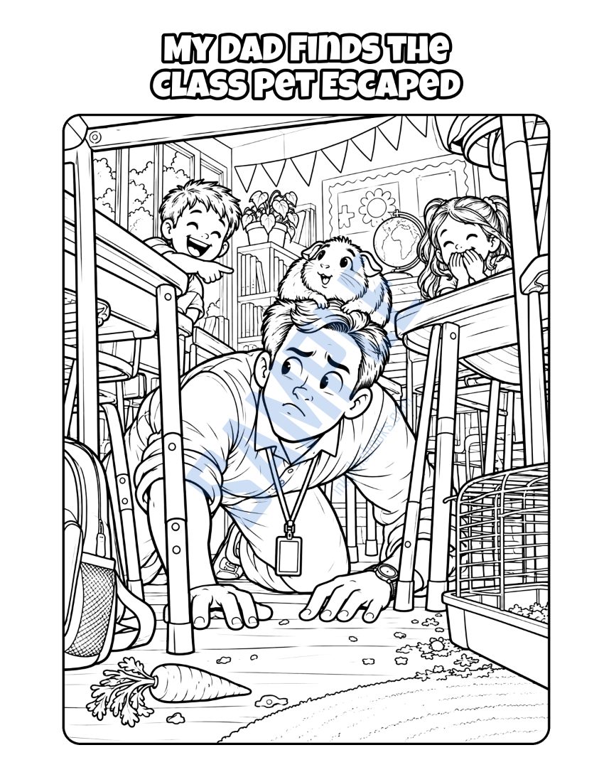 Coloring page from My Dad Is a Teacher: "My Dad Finds the Class Pet Escaped"