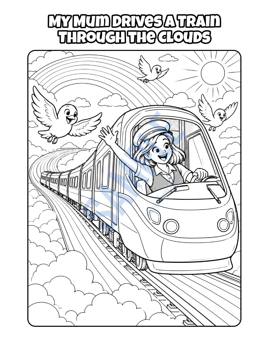 Colouring page from My Mum Is a Train Driver: "My Mum Drives a Train Through the Clouds"