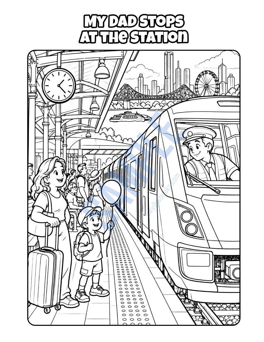 Coloring page from My Dad Is a Train Driver: "My Dad Stops at the Station"