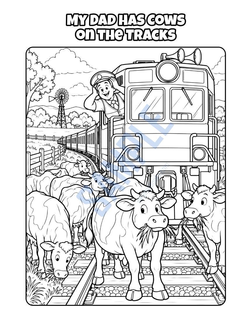 Coloring page from My Dad Is a Train Driver: "My Dad Has Cows on the Tracks"