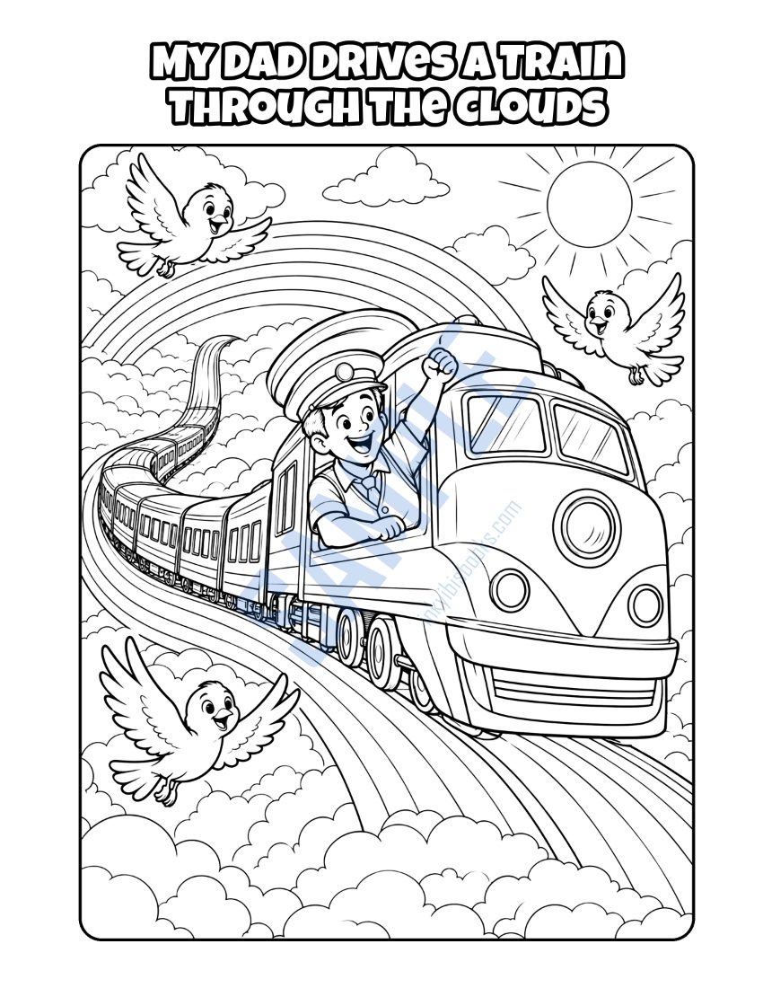 Coloring page from My Dad Is a Train Driver: "My Dad Drives a Train Through the Clouds"