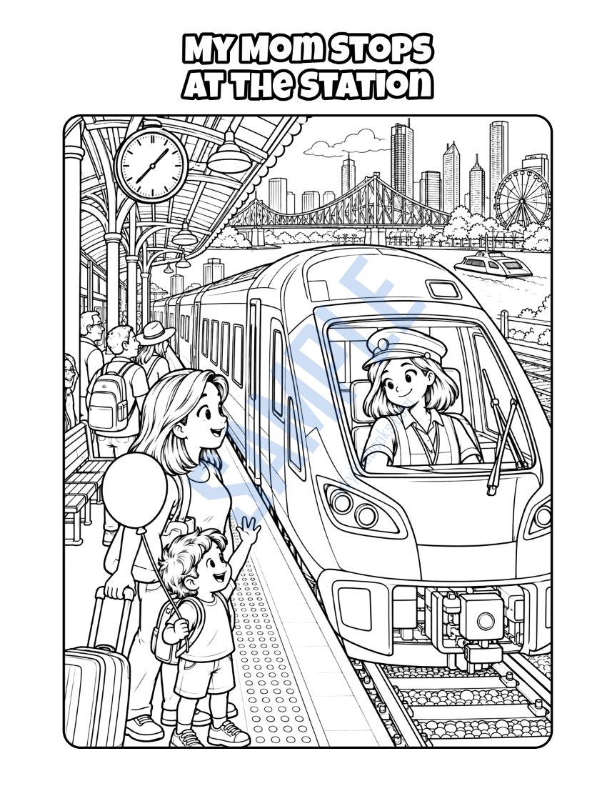 Coloring page from My Mom Is a Train Driver: "My Mom Stops at the Station"