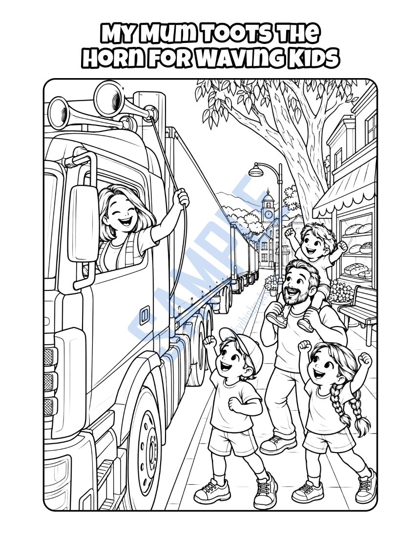 Colouring page from My Mum Is a Lorry Driver: "My Mum Toots the Horn for Waving Kids"