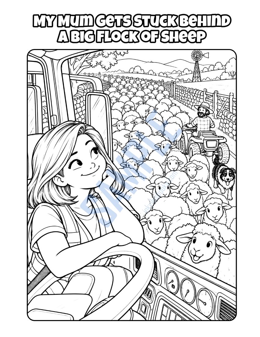 Colouring page from My Mum Is a Lorry Driver: "My Mum Gets Stuck Behind a Big Flock of Sheep"