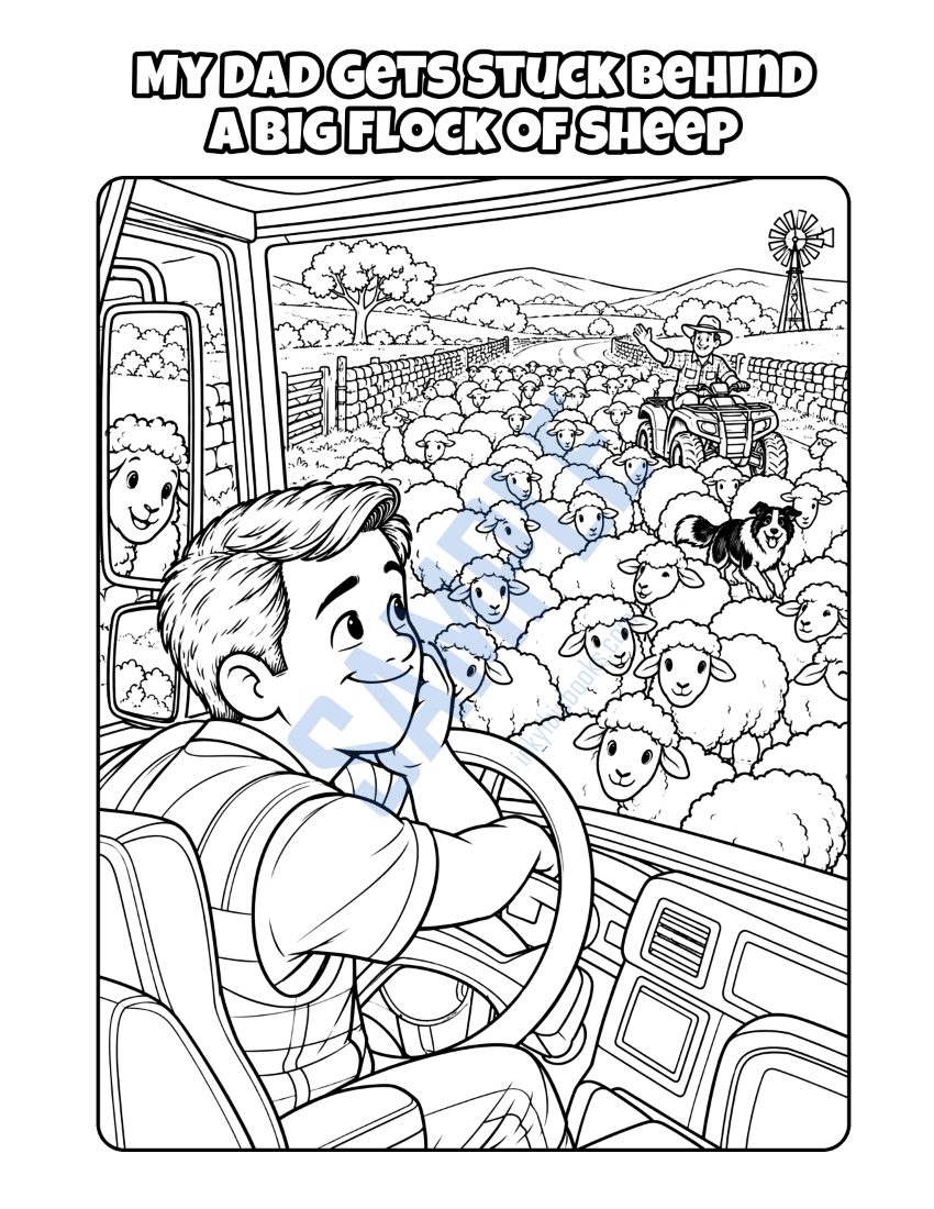 Coloring page from My Dad Is a Truck Driver: "My Dad Gets Stuck Behind a Big Flock of Sheep"