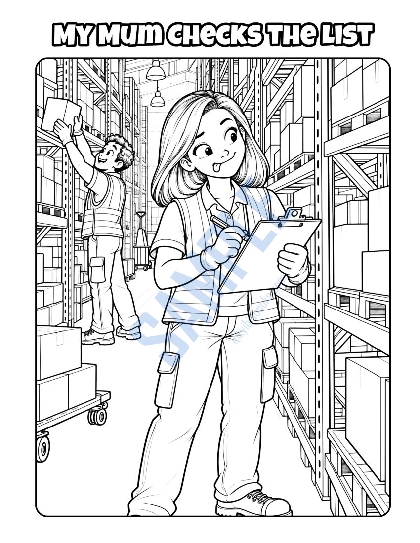 Colouring page from My Mum Works in a Big Warehouse: "My Mum Checks the List"